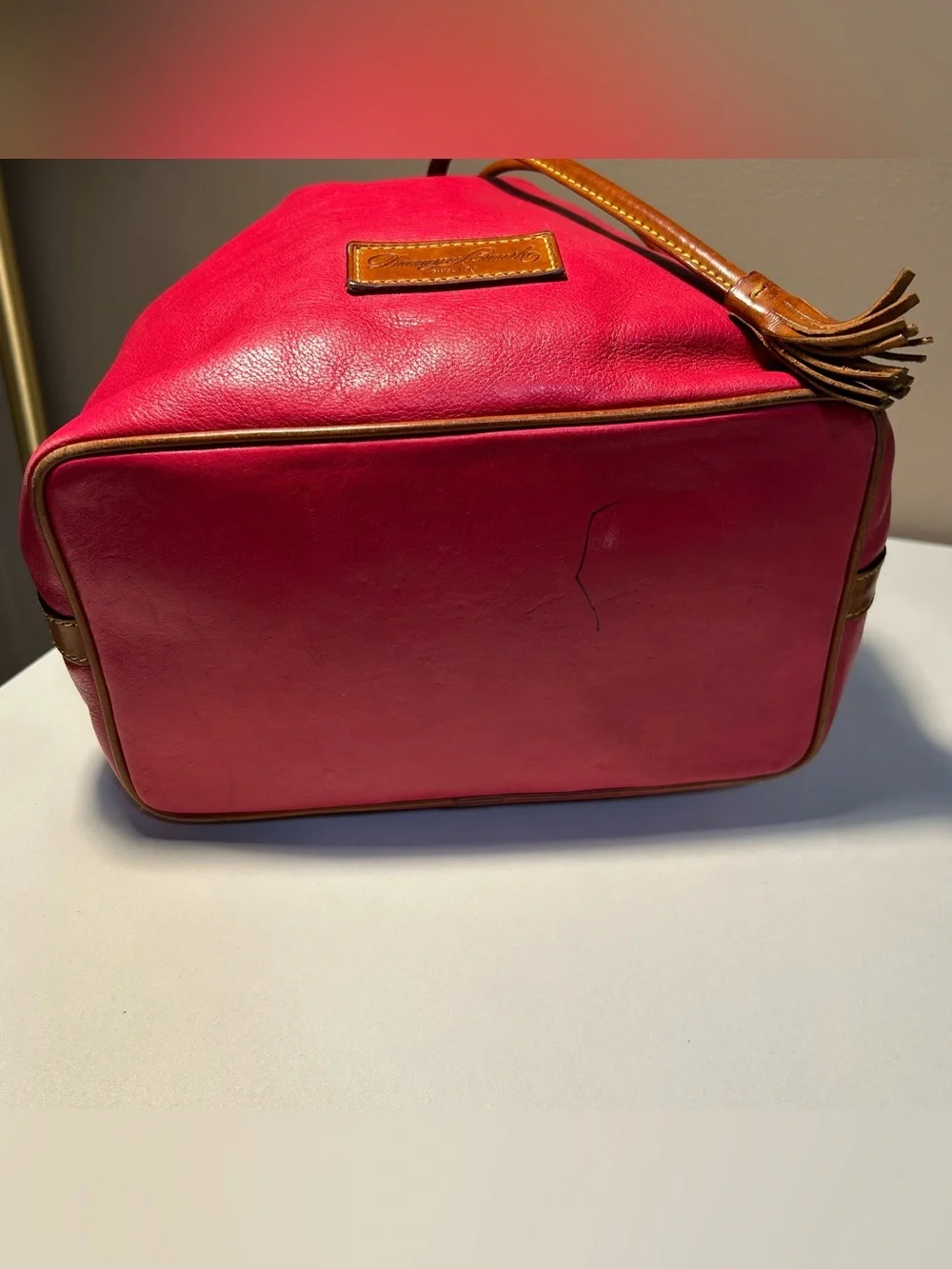 Dooney & Bourke Leather Drawstring Bucket Bag with Pouch in Fuschia Pink